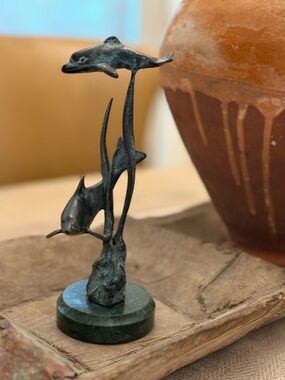 Brass Dolphin Sculpture on Green Marble Base - Coastal Home Art